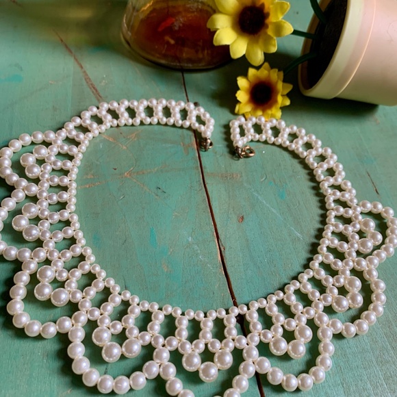 Mid-Century Faux White Pearl Lacy Collar Necklace & Bracelet - Vintage Bride - Picture 9 of 13